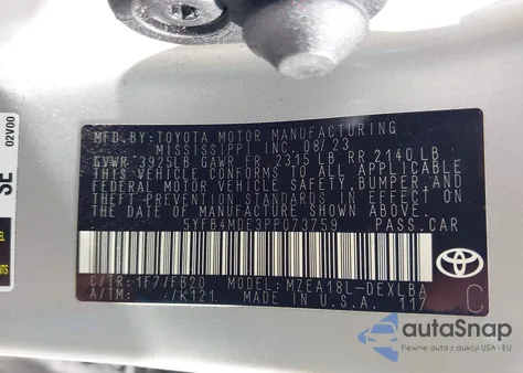 2023 Toyota Corolla Le z USA, uszkodzony, nr VIN 5YFB4MDE3PP073759